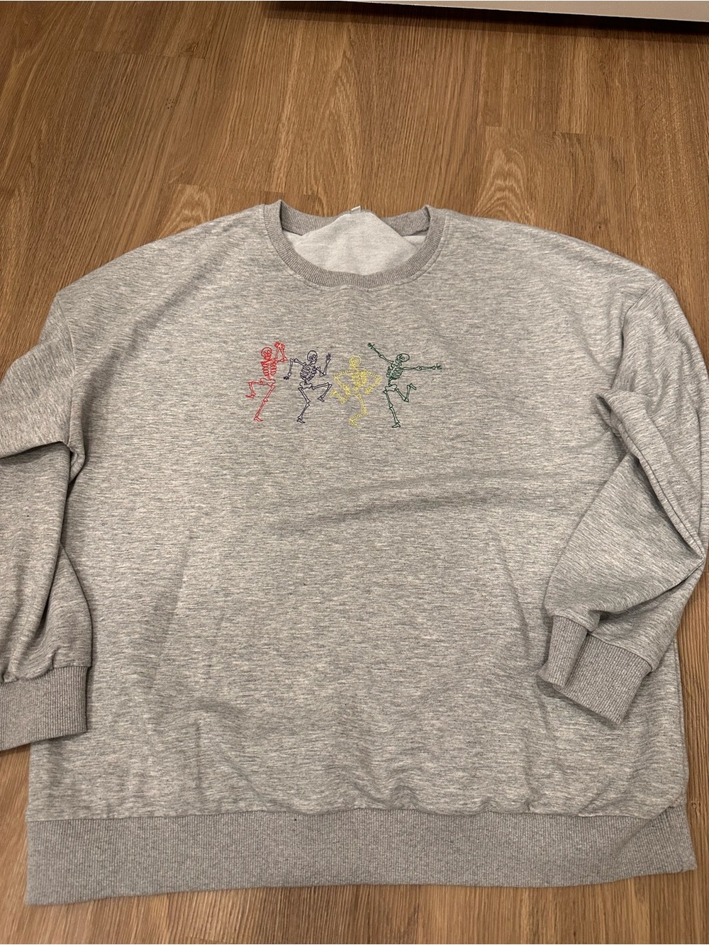 Gray Crewneck Sweater with Multicolor Skeleton Embroidery